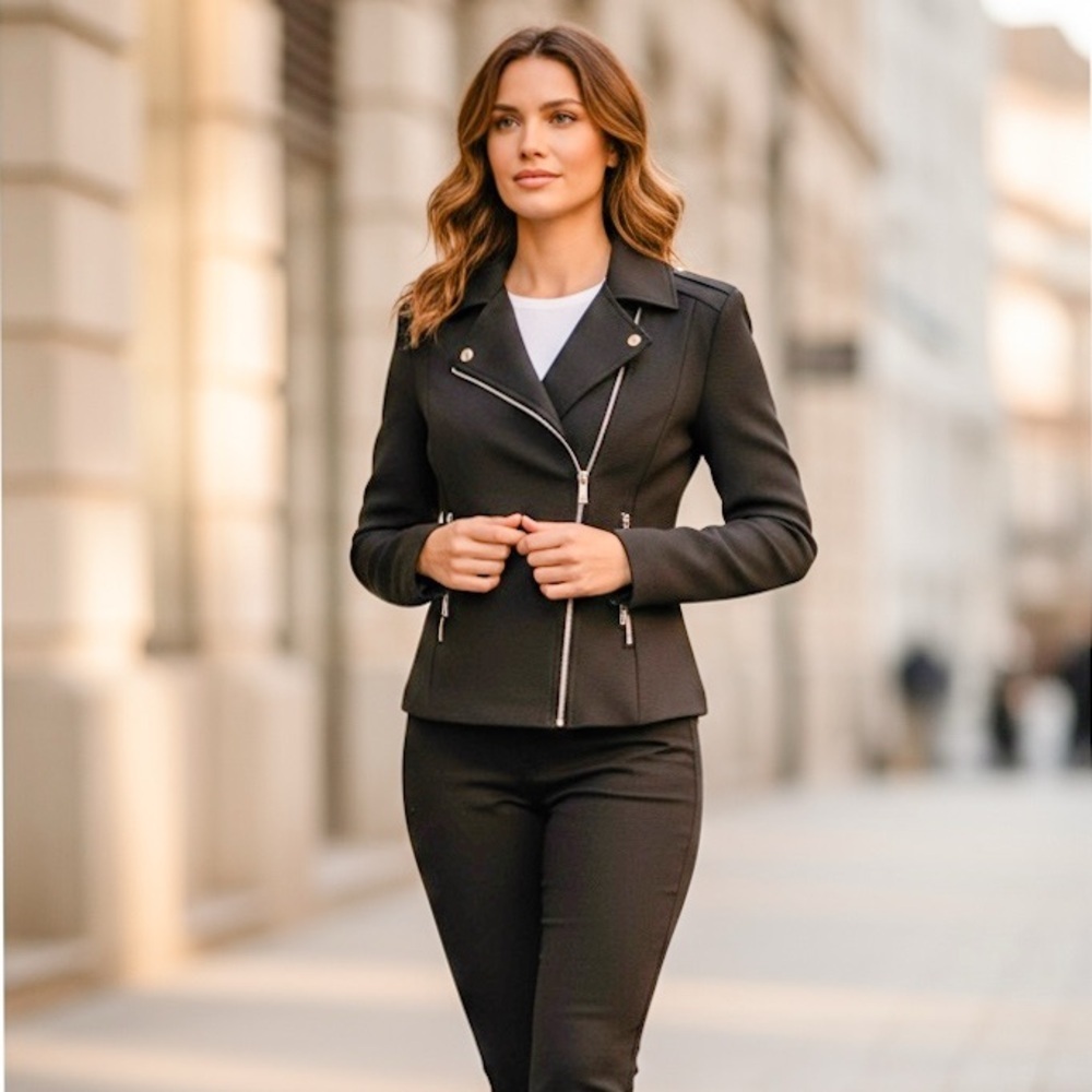 Karen Millen Black Moto Jacket Women Medium Stretch Structured Zip‎ Quiet Luxury